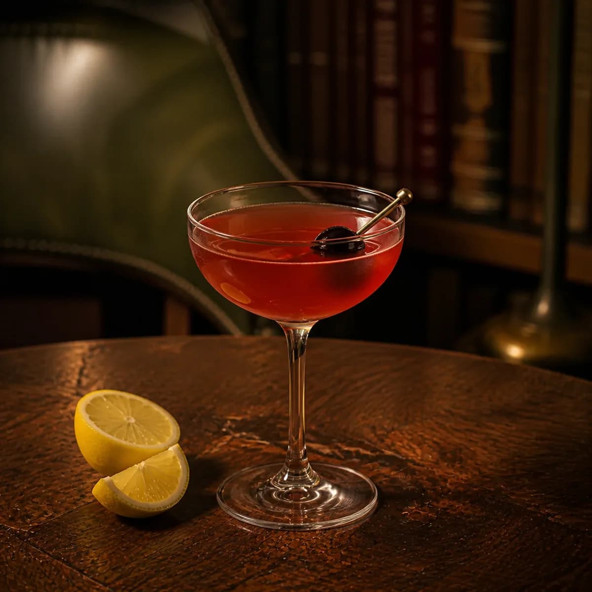Millionaire in a clear shallow coupe styled in a private library bar with deep olive leather, natural creases, off-centre seams and aged walnut.