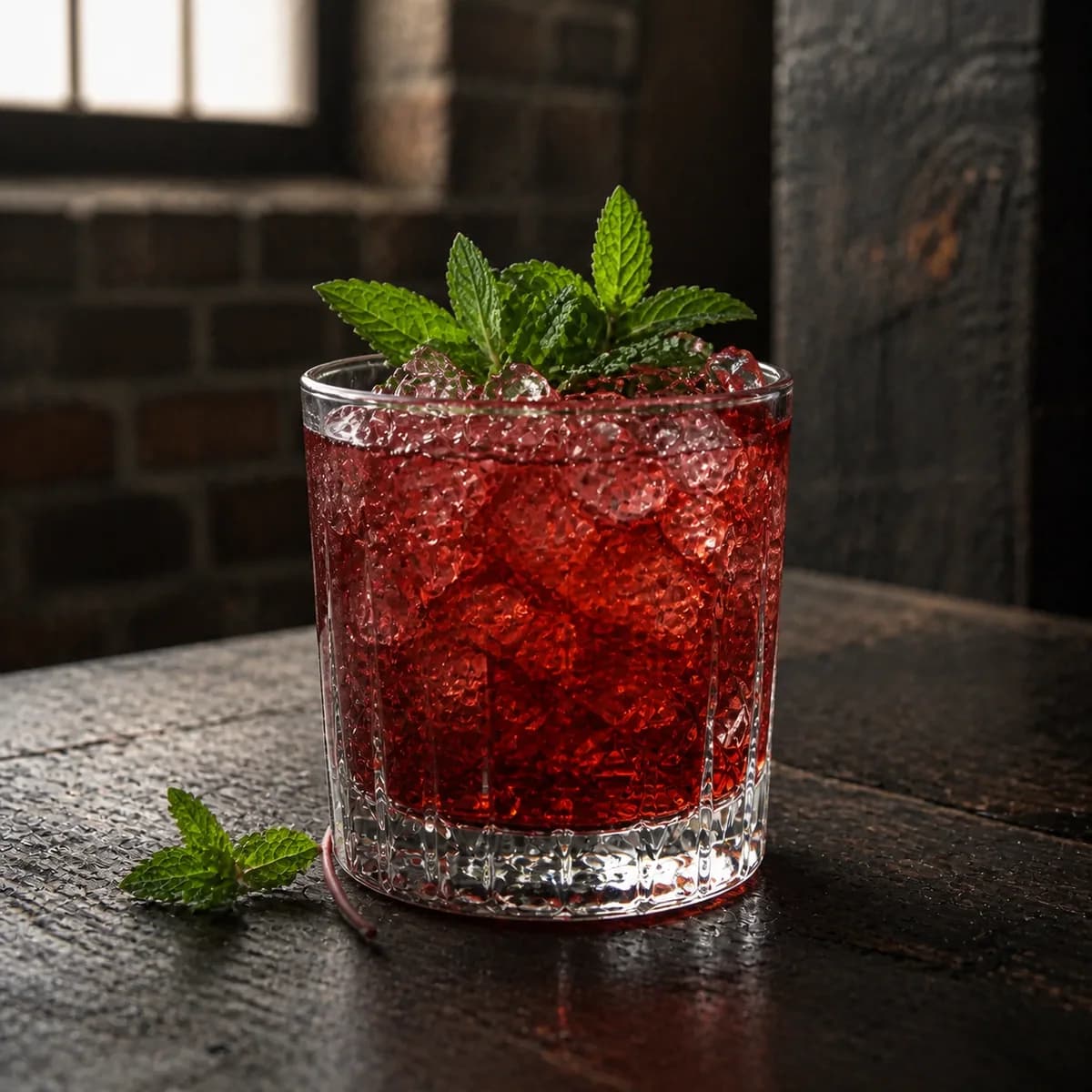 Mint Julep in a heavy low rocks glass styled in a refined warehouse tasting bar with rough brick, charred oak and one high factory window.