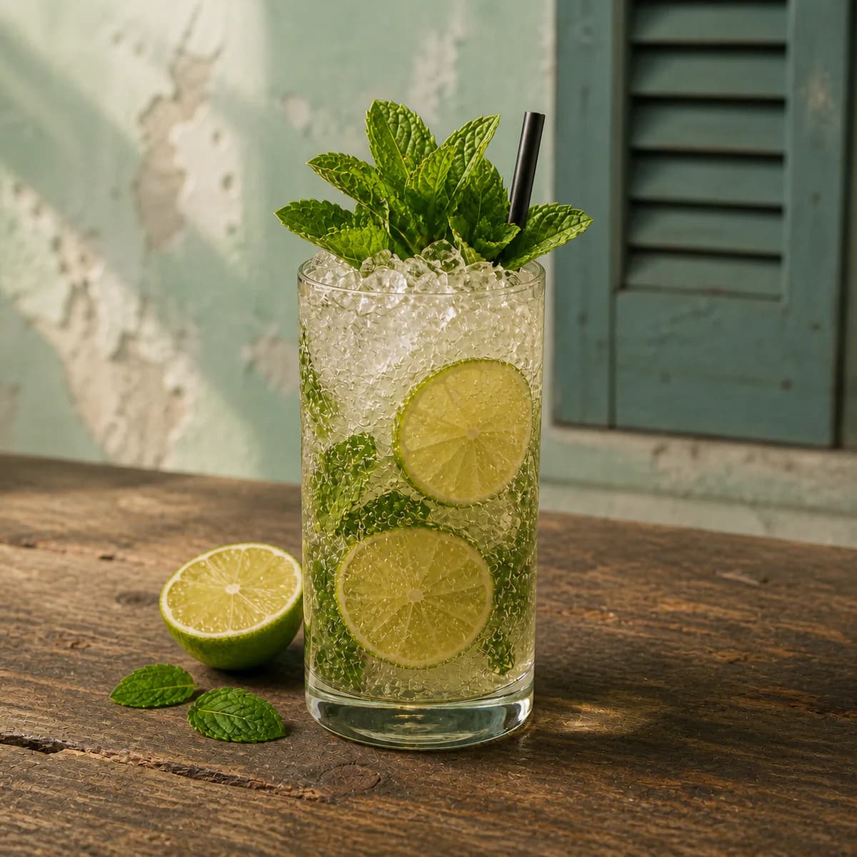 Mojito in a tall straight-sided highball glass styled in a quiet harbor rum bar with salt-worn timber, limewashed walls and one blurred rope detail.
