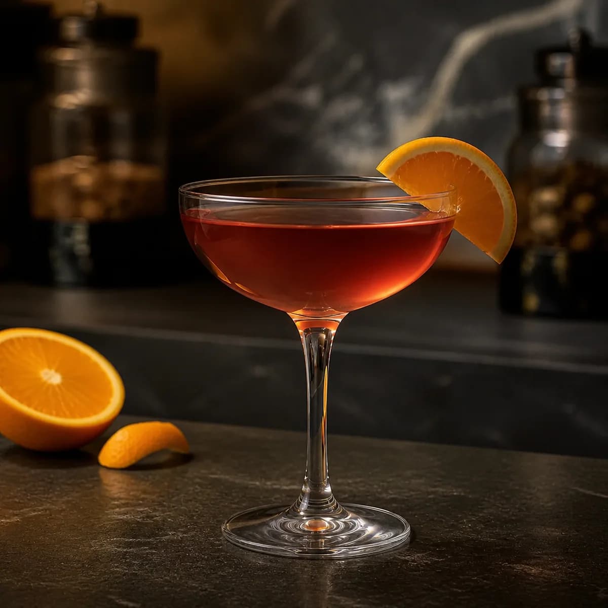 Monkey Gland in a clear shallow coupe styled in a modern apothecary-style bar with charcoal slate, smoked glass and unlabeled botanical jars in blur.