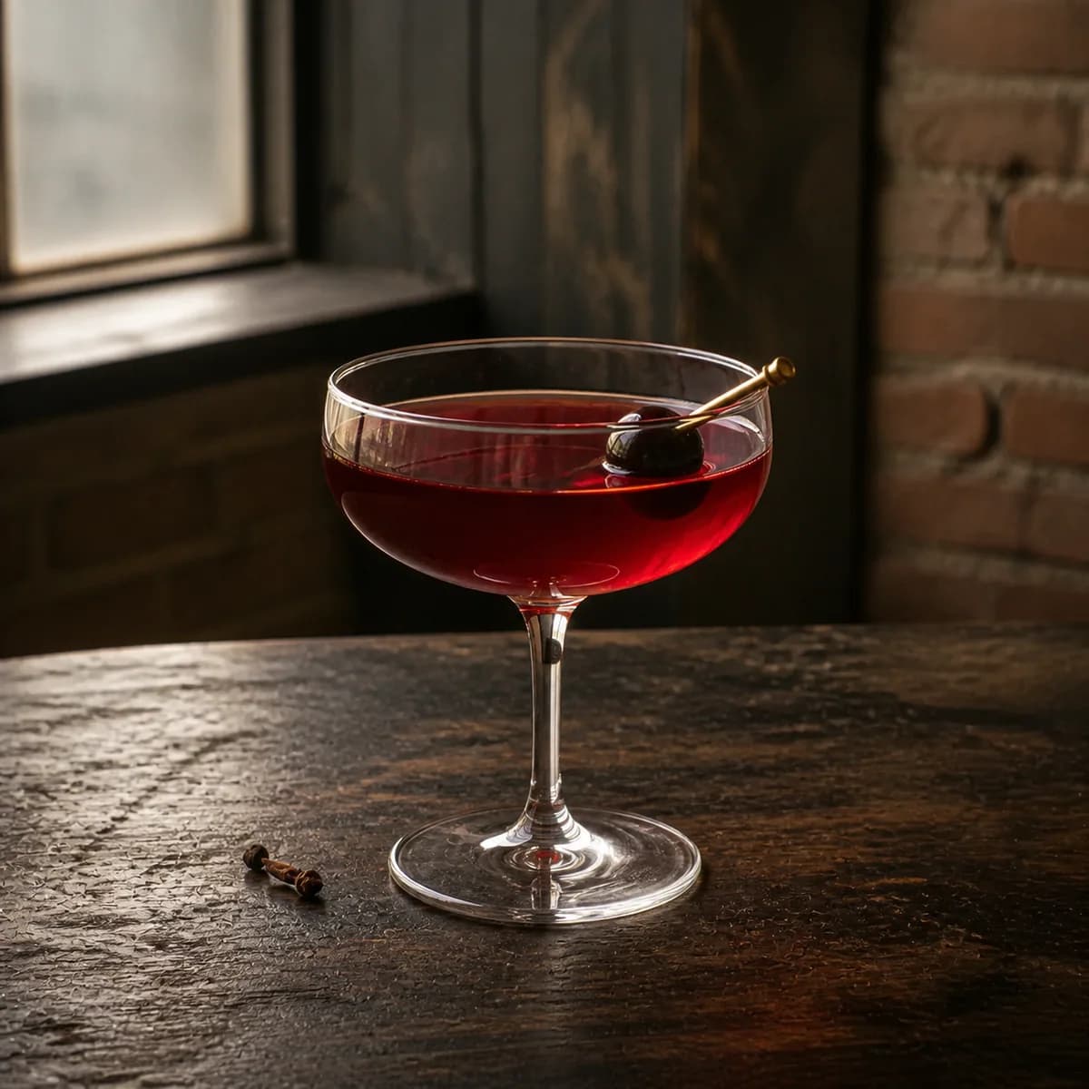 Monte Carlo in a clear shallow coupe styled in a refined warehouse tasting bar with rough brick, charred oak and one high factory window.