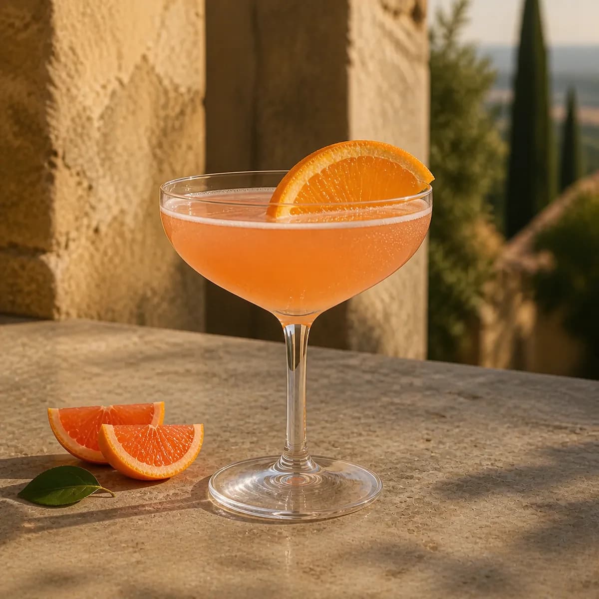 Moonwalk in a clear shallow coupe styled in a shaded portico bar with sun-faded ochre render, cool stone and distant cypress blur.