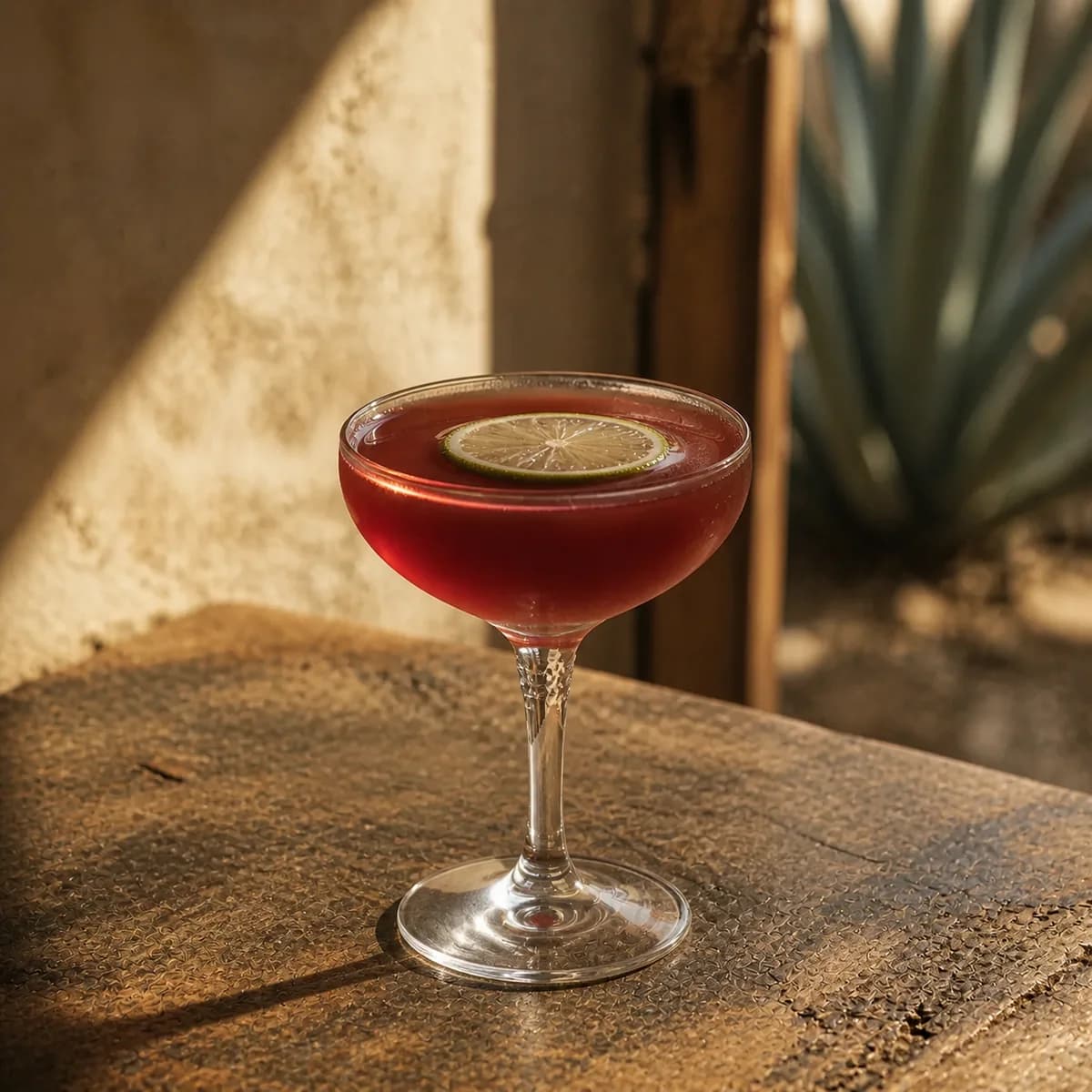 Naked and Famous in a clear shallow coupe styled in a desert lodge bar with chalky adobe, worn mesquite and a blurred agave silhouette.