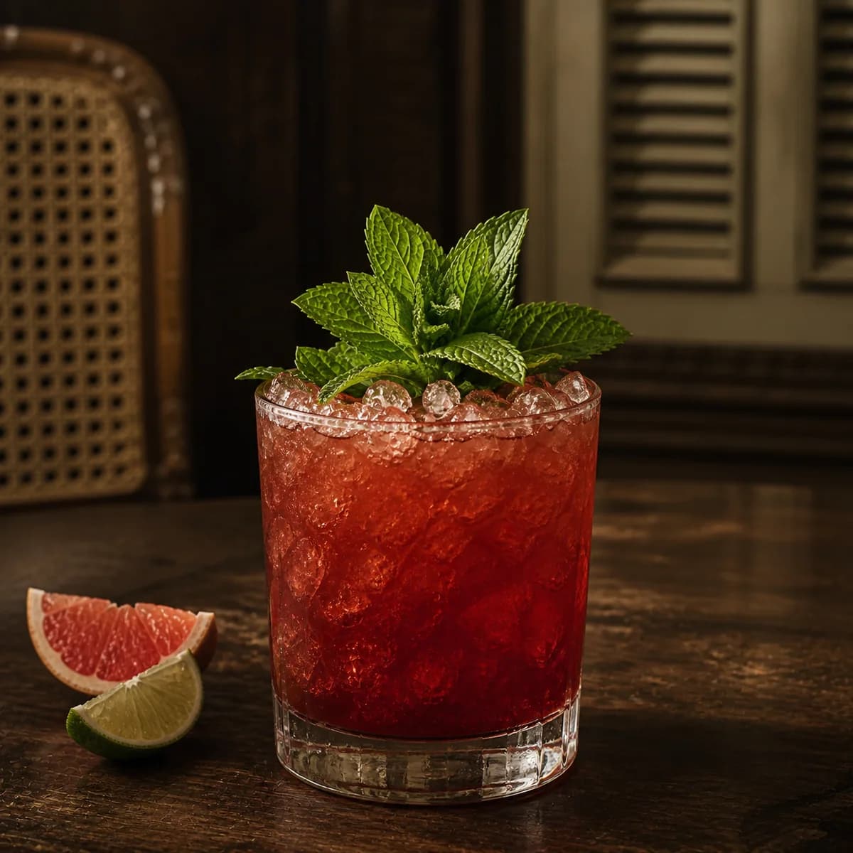 Navy Grog in a heavy low rocks glass styled in a quiet colonial gallery bar with worn cane furniture, dark mahogany and cream shutters.