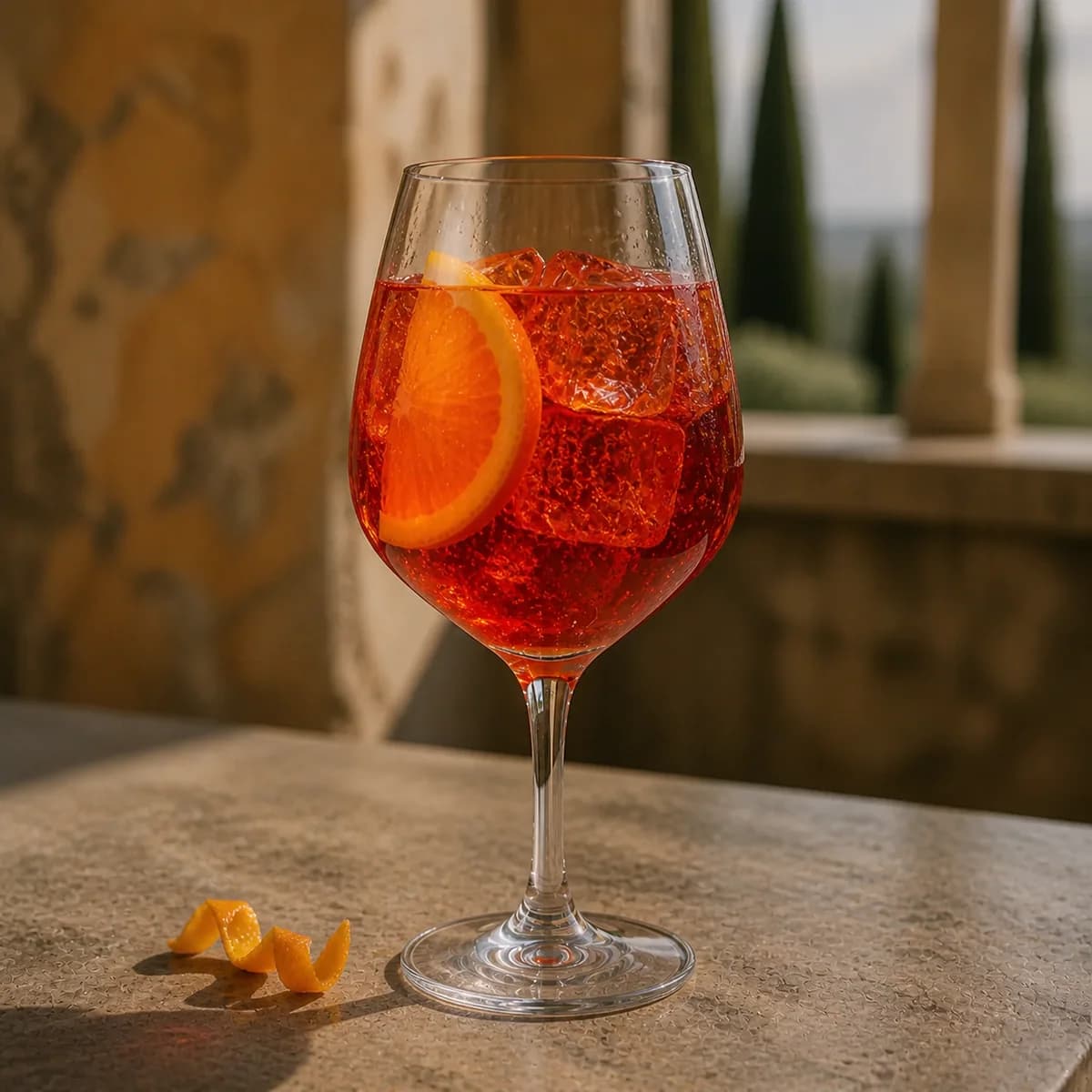 Negroni Sbagliato in a large stemmed balloon wine glass styled in a shaded portico bar with sun-faded ochre render, cool stone and distant cypress blur.