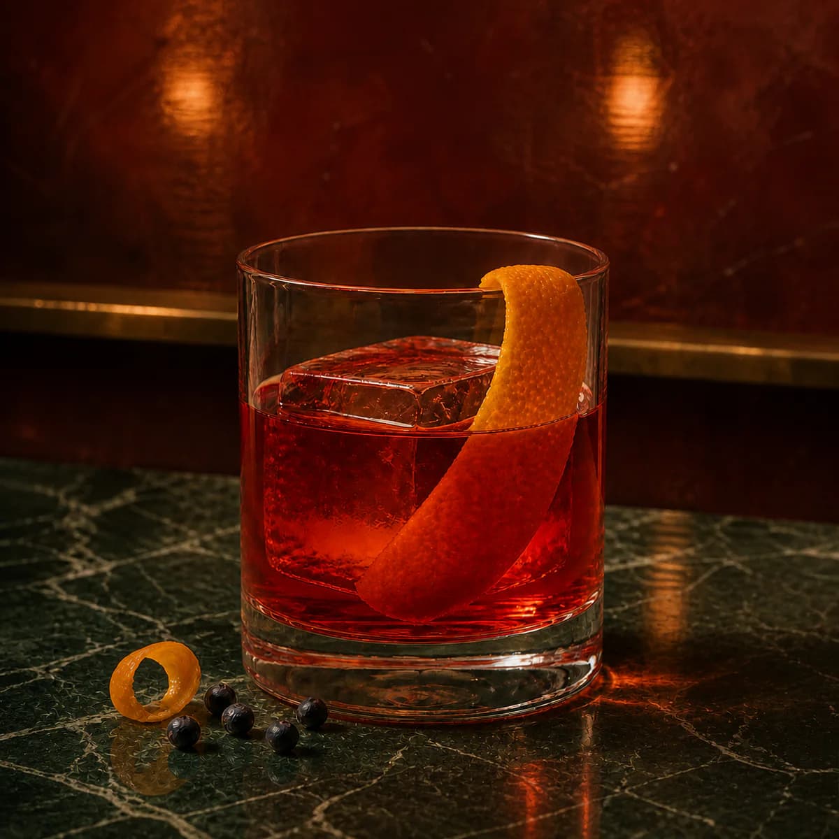 Negroni in a heavy low rocks glass styled in a coastal brasserie bar with weathered blue-gray paneling, zinc counter and hazy sea light.