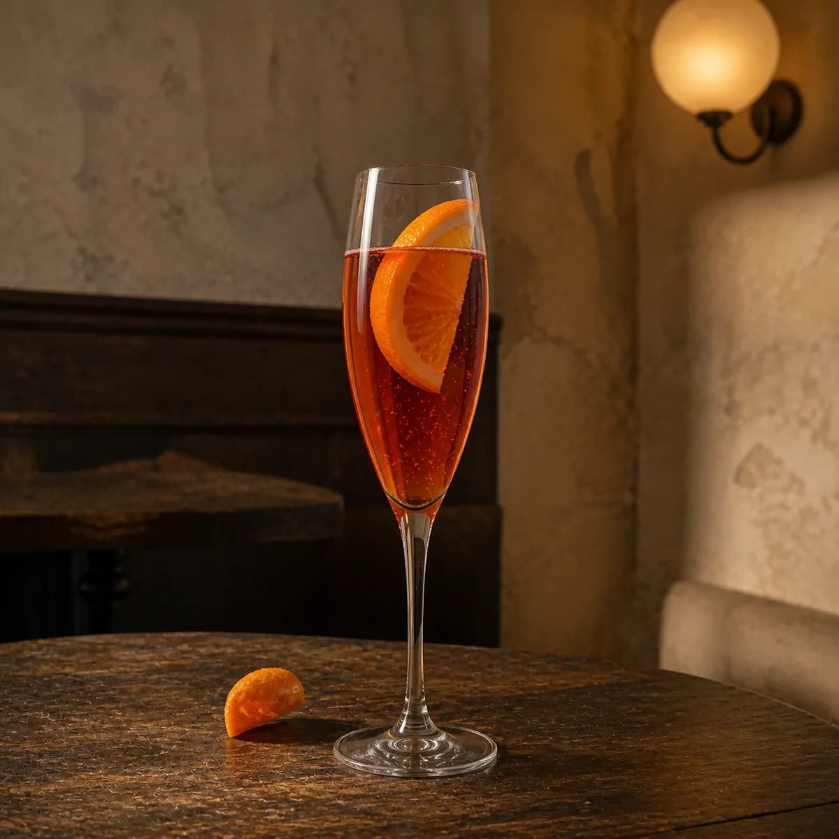 Nelson's Blood in a slender champagne flute styled in a compact European wine bar with limewashed walls, old oak and a single shaded globe.
