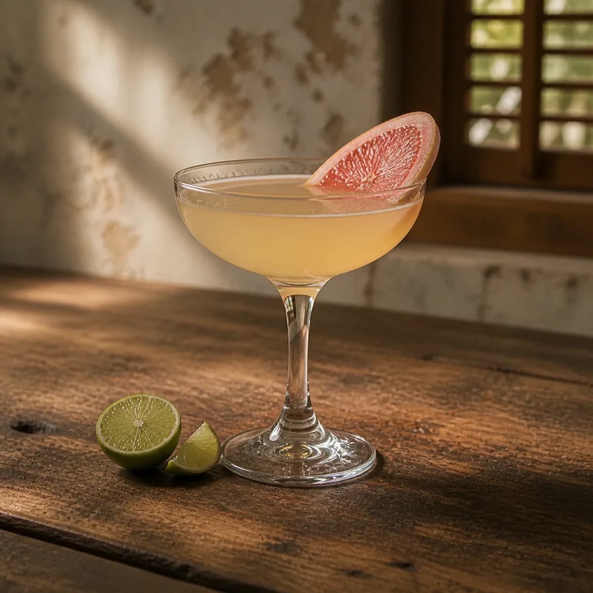 Nevada in a clear shallow coupe styled in an old cane-house bar with pale rough plaster, honeyed wood and a distant slatted window.