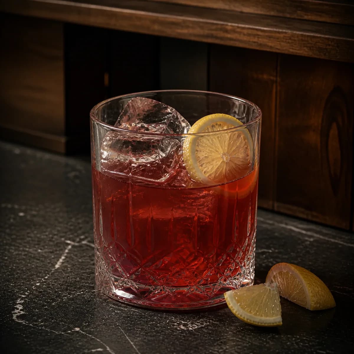 New York Sour in a heavy low rocks glass styled in a neighborhood speakeasy with irregular dark-walnut shelves and worn black soapstone.