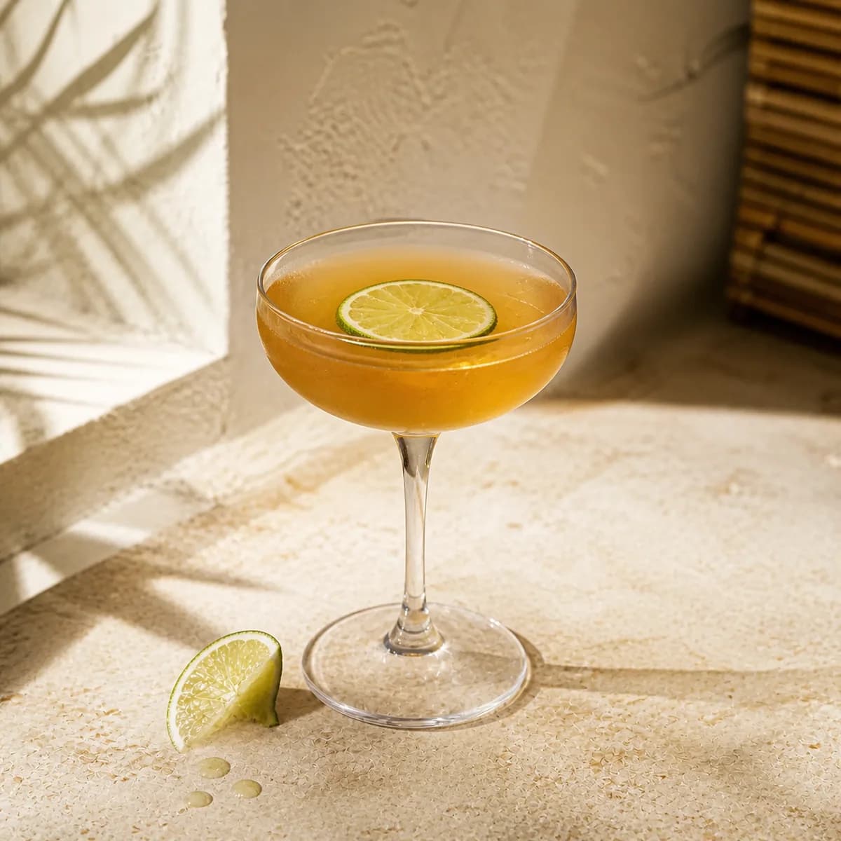 Nuclear Daiquiri in a clear shallow coupe styled in an airy tropical hotel bar with irregular off-white plaster, rattan shadow and honey limestone.