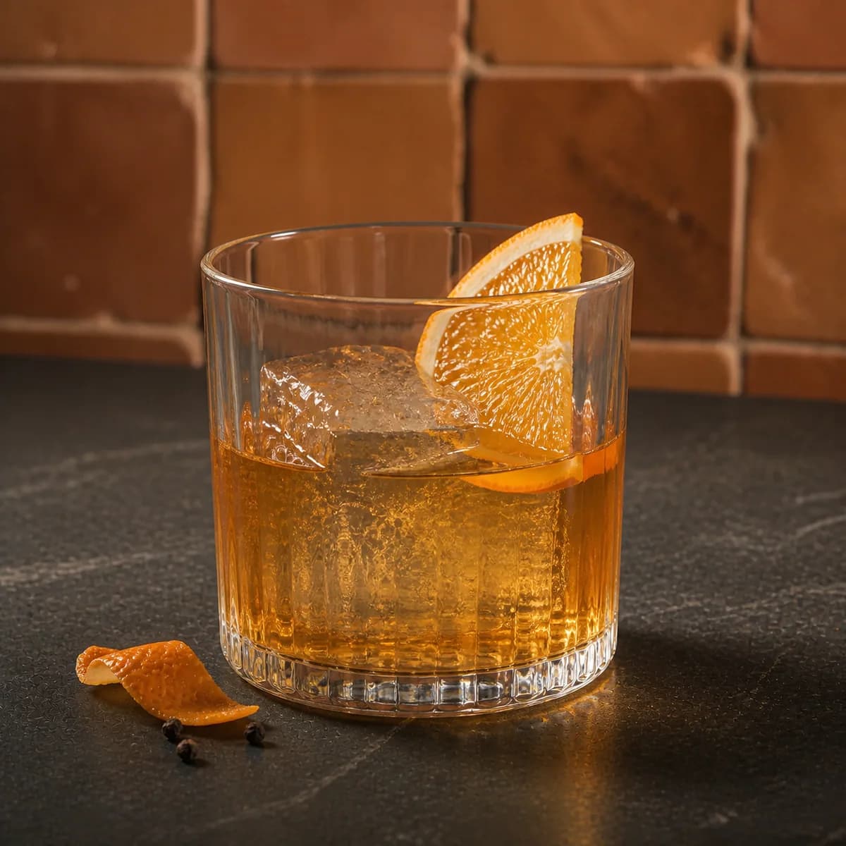 Oaxaca Old Fashioned in a heavy low rocks glass styled in a contemporary cantina with handmade terracotta zellige, imperfect grout and matte charcoal soapstone.
