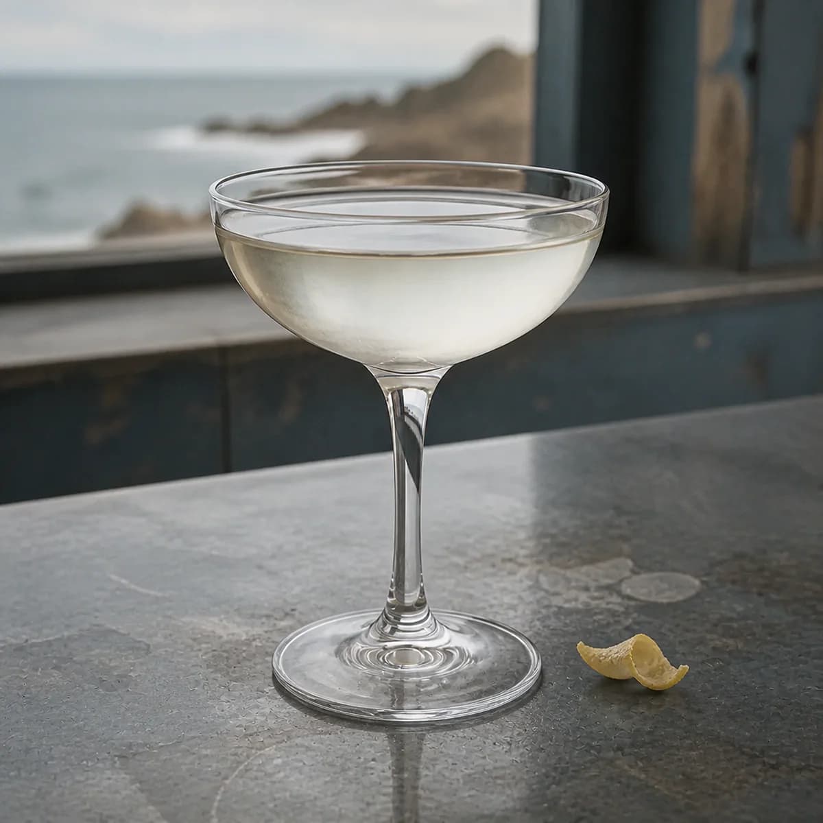 Obituary in a clear shallow coupe styled in a coastal brasserie bar with weathered blue-gray paneling, zinc counter and hazy sea light.