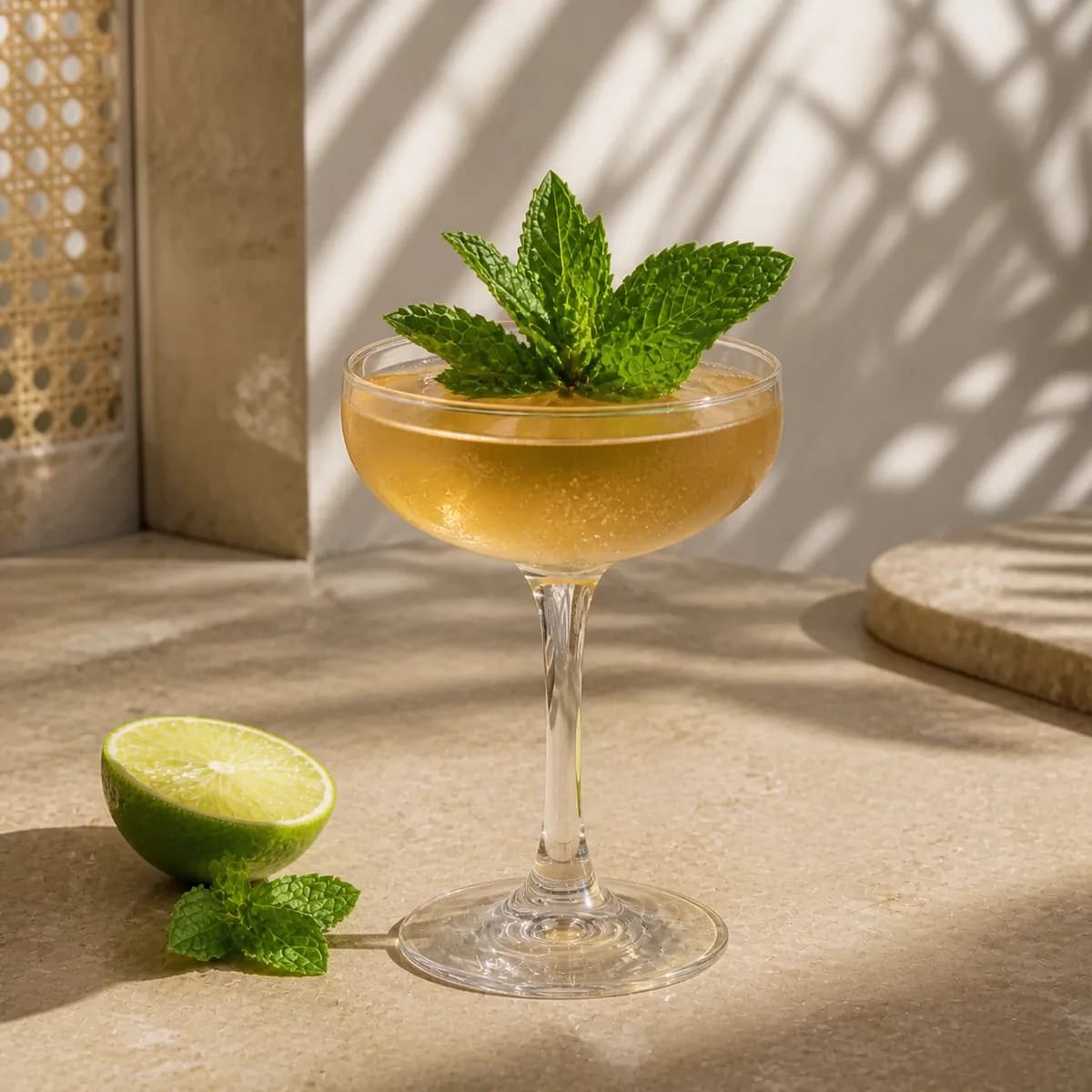Old Cuban in a clear shallow coupe styled in an airy tropical hotel bar with irregular off-white plaster, rattan shadow and honey limestone.