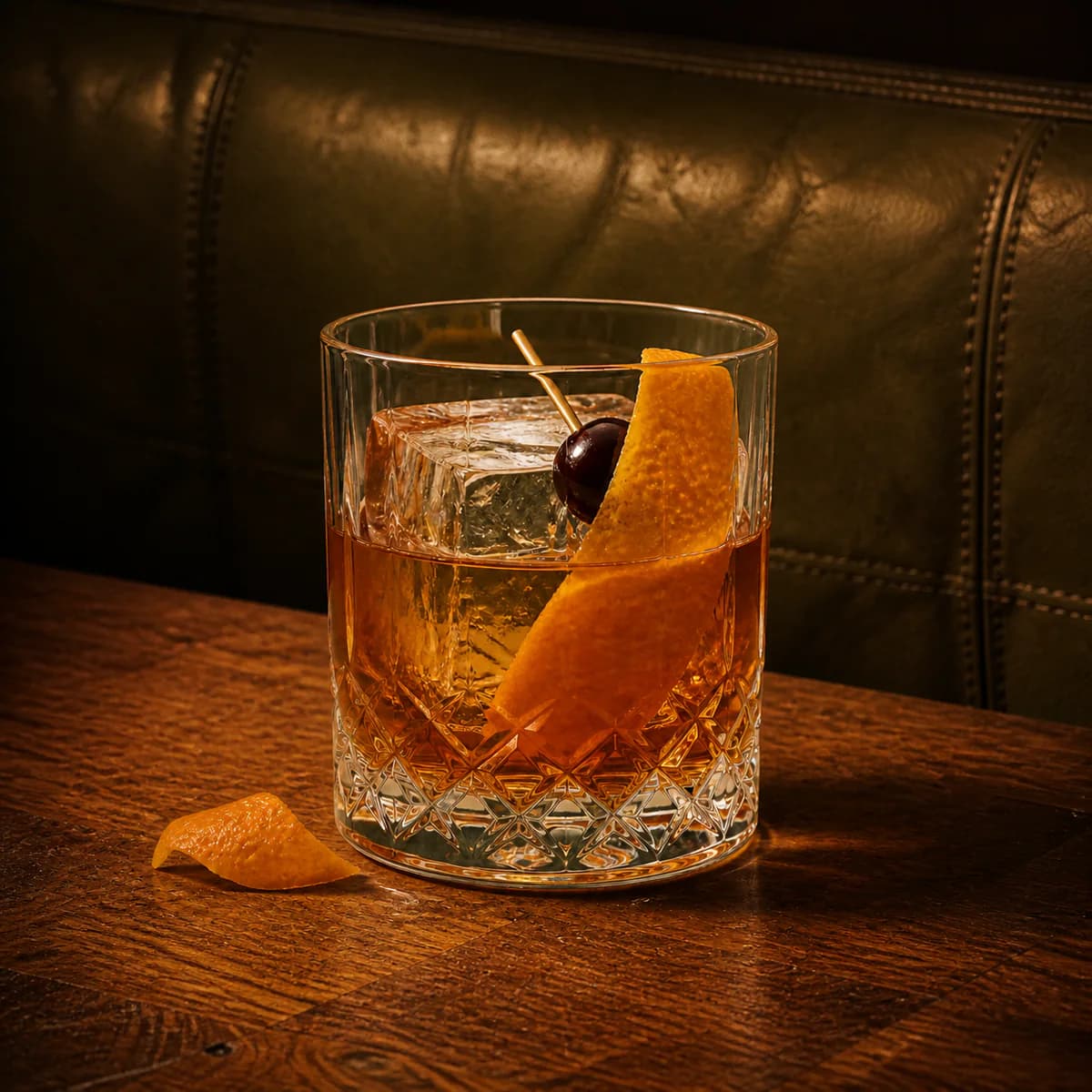 Old Fashioned in a heavy low rocks glass styled in a mountain lodge bar with timeworn oak, dark wool and rough local stone.