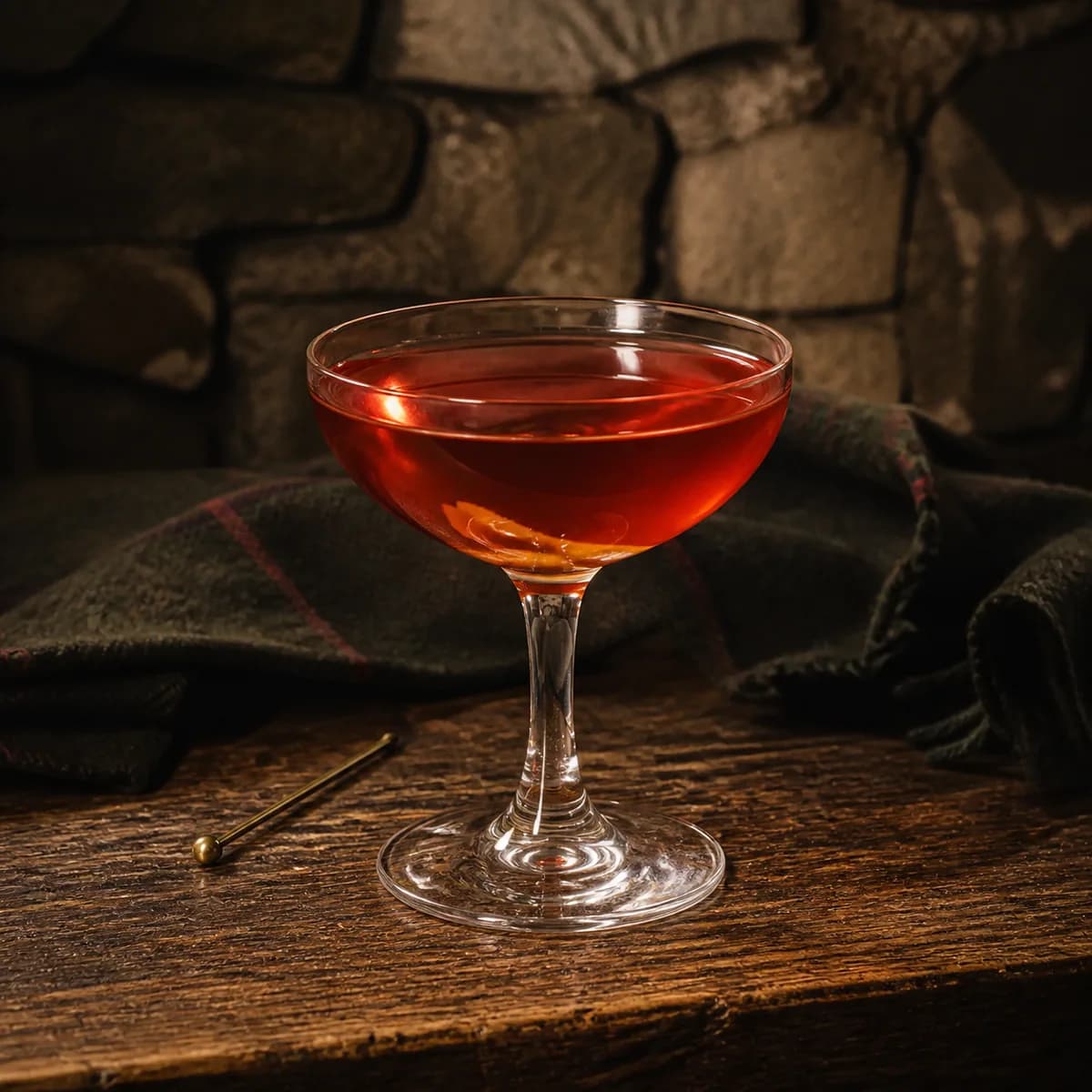 Old Pal in a clear shallow coupe styled in a mountain lodge bar with timeworn oak, dark wool and rough local stone.