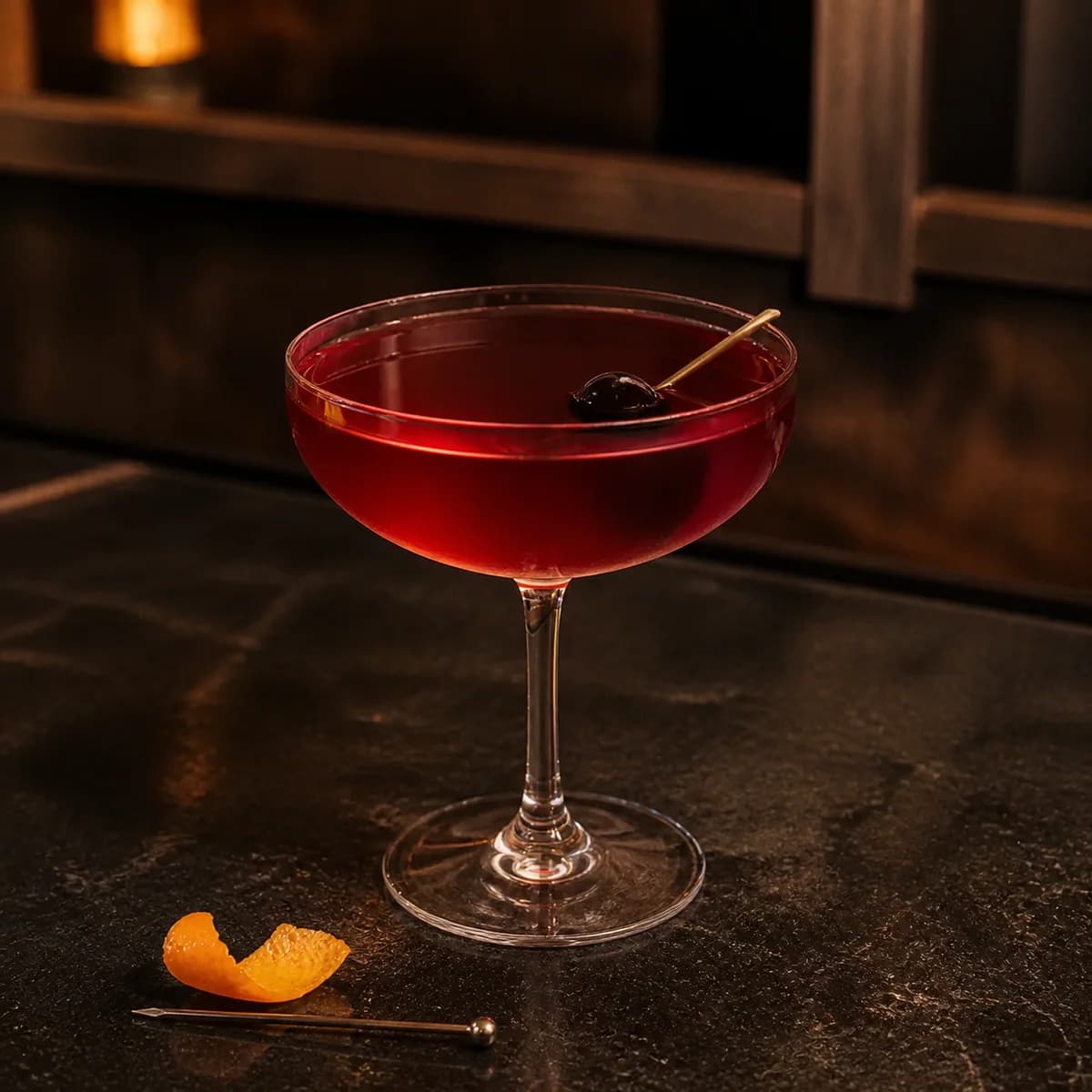 Opening in a clear shallow coupe styled in a neighborhood speakeasy with irregular dark-walnut shelves and worn black soapstone.