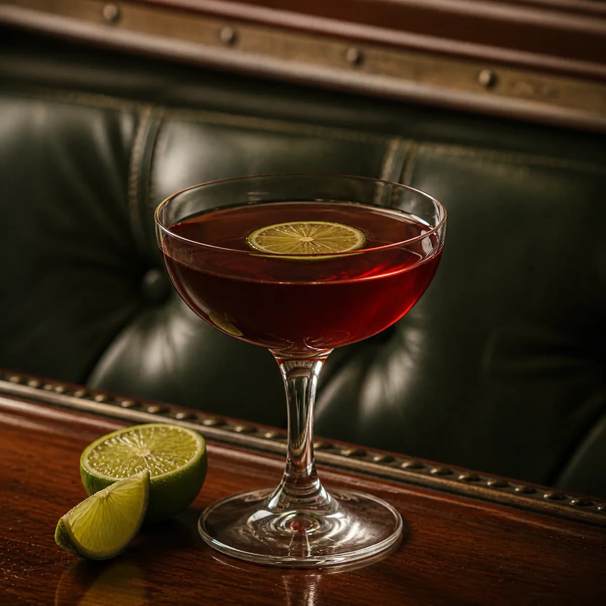Oriental in a clear shallow coupe styled in an old railway club bar with bottle-green leather, mahogany and aged nickel.