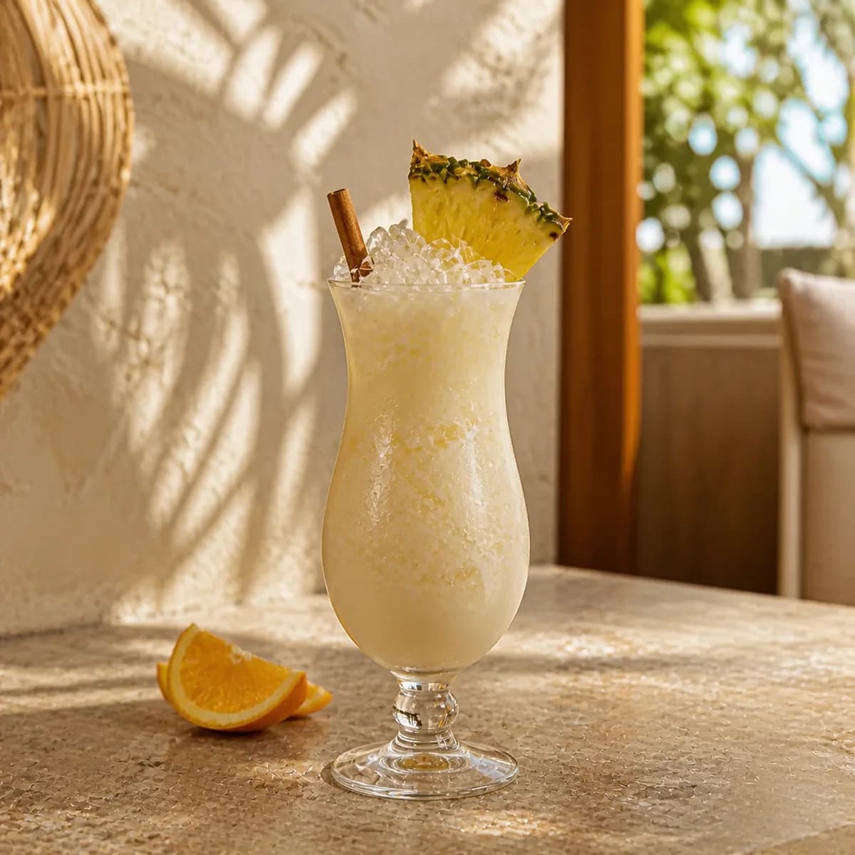 Painkiller in a curved hurricane glass styled in an airy tropical hotel bar with irregular off-white plaster, rattan shadow and honey limestone.