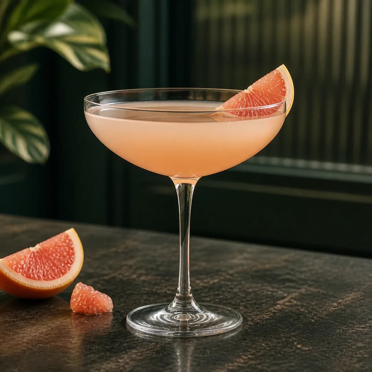 Palm Beach in a clear shallow coupe styled in a restrained botanical bar with dark green painted wood, ribbed glass and a few out-of-focus leaves.