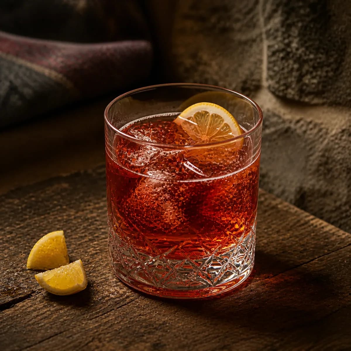 Palmer in a heavy low rocks glass styled in a mountain lodge bar with timeworn oak, dark wool and rough local stone.