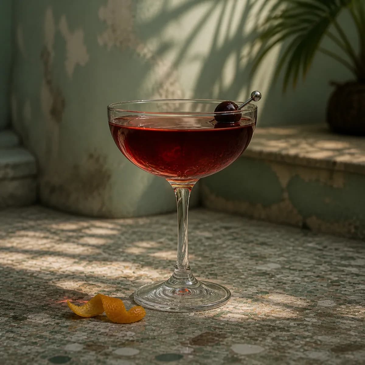 Palmetto in a clear shallow coupe styled in a shaded island courtyard bar with faded sea-green render, old terrazzo and a single palm shadow.