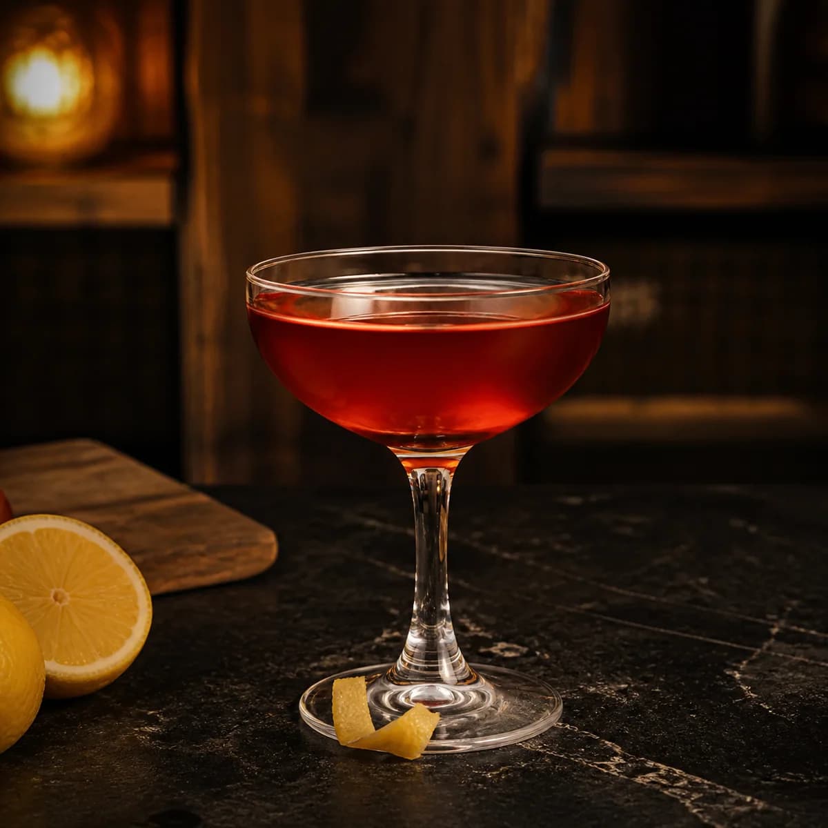Paper Plane in a clear shallow coupe styled in a neighborhood speakeasy with irregular dark-walnut shelves and worn black soapstone.
