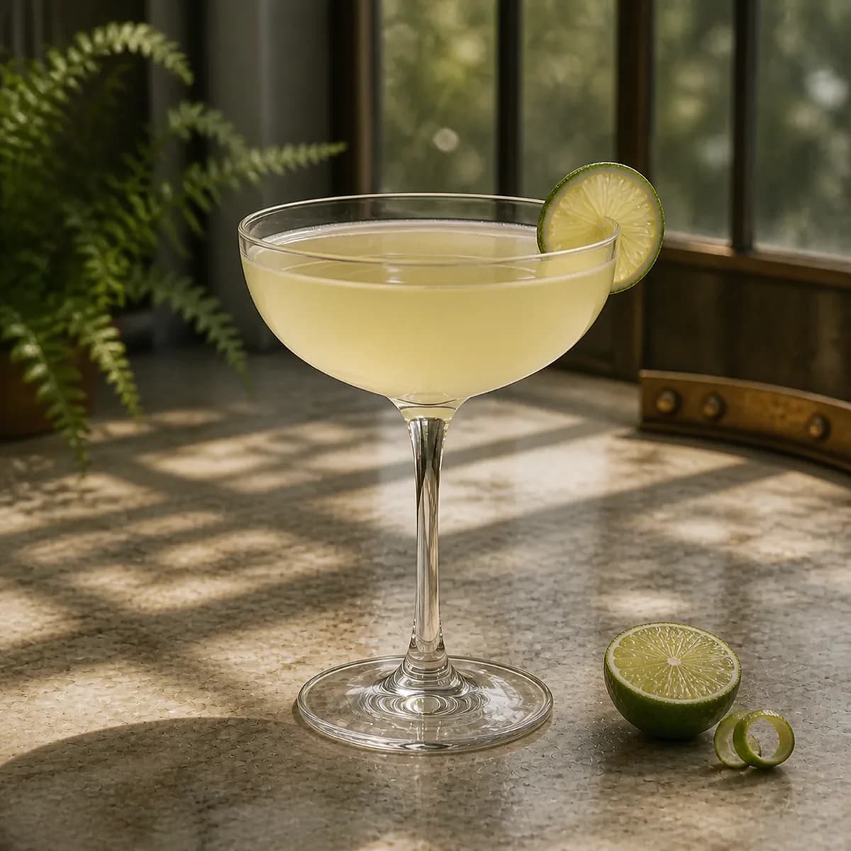 Pegu Club in a clear shallow coupe styled in a glasshouse café bar with pale stone, fern shadows and lightly weathered brass.