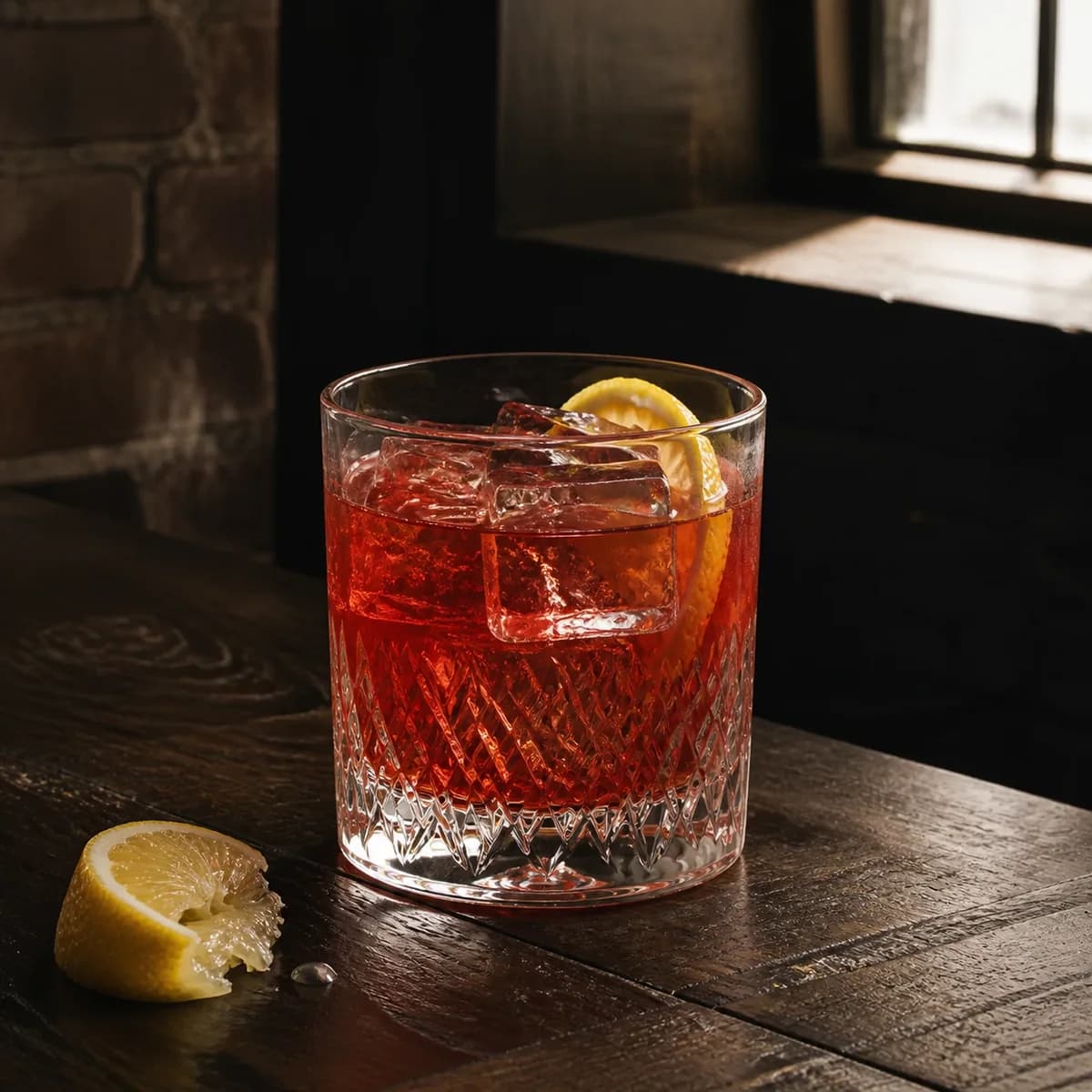 Penicillin in a heavy low rocks glass styled in a refined warehouse tasting bar with rough brick, charred oak and one high factory window.