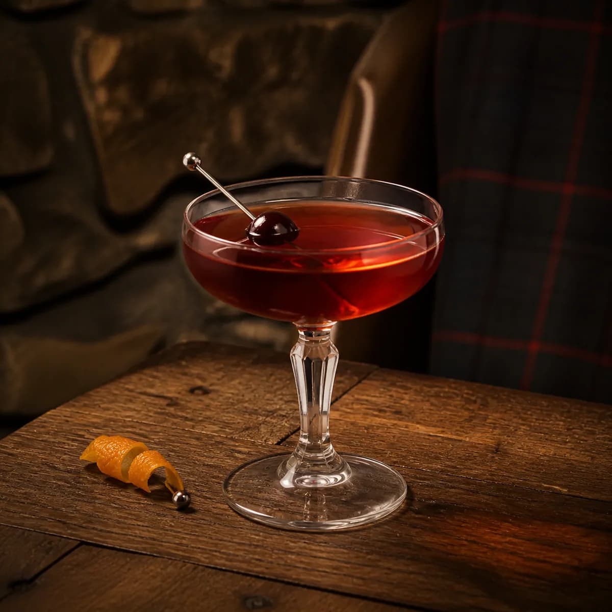 Perfect Manhattan in a clear shallow coupe styled in a mountain lodge bar with timeworn oak, dark wool and rough local stone.