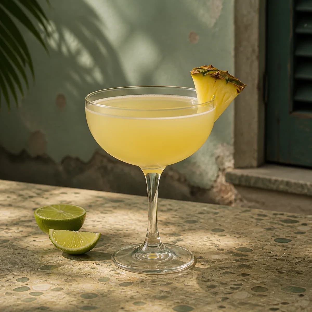 Pineapple Daiquiri in a clear shallow coupe styled in a shaded island courtyard bar with faded sea-green render, old terrazzo and a single palm shadow.