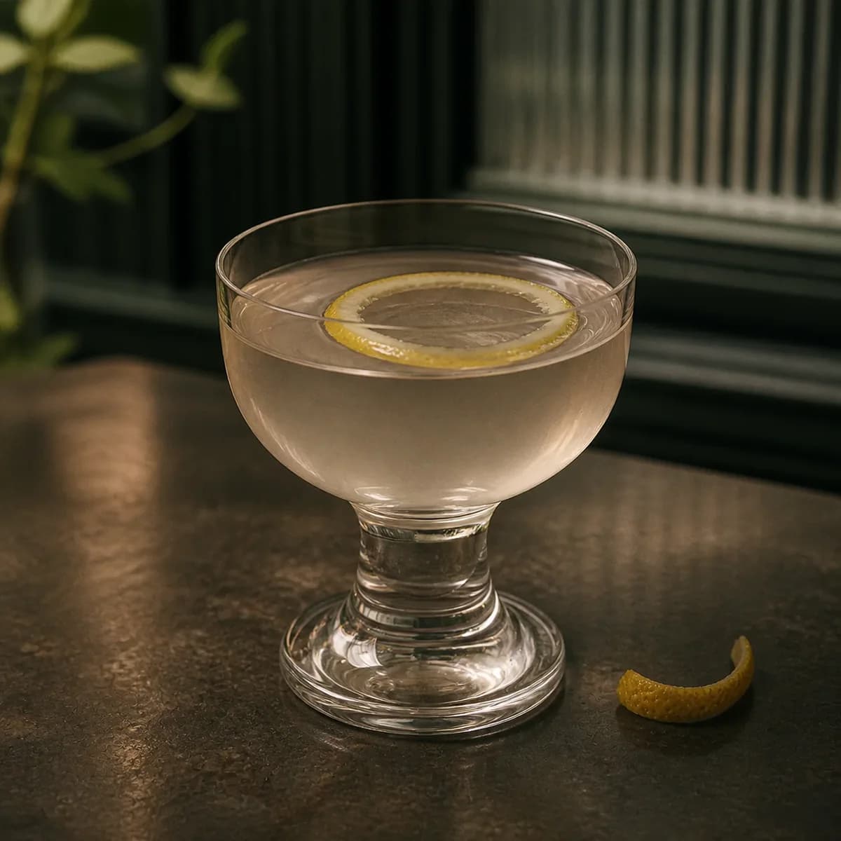 Pink Gin in a heavy low rocks glass styled in a restrained botanical bar with dark green painted wood, ribbed glass and a few out-of-focus leaves.