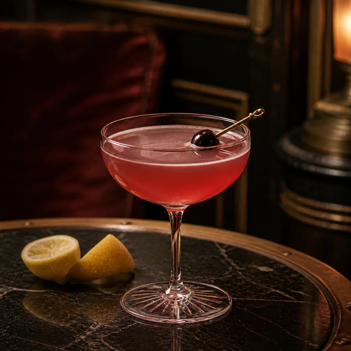 Pink Lady in a clear shallow coupe styled in a Belle Époque salon bar with faded burgundy velvet, dark marble and aged brass.