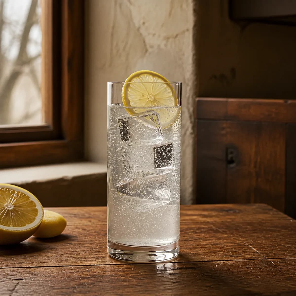 Pisco Collins in a tall straight-sided highball glass styled in an old orchard inn bar with pale plaster, applewood and a soft window looking onto bare branches.