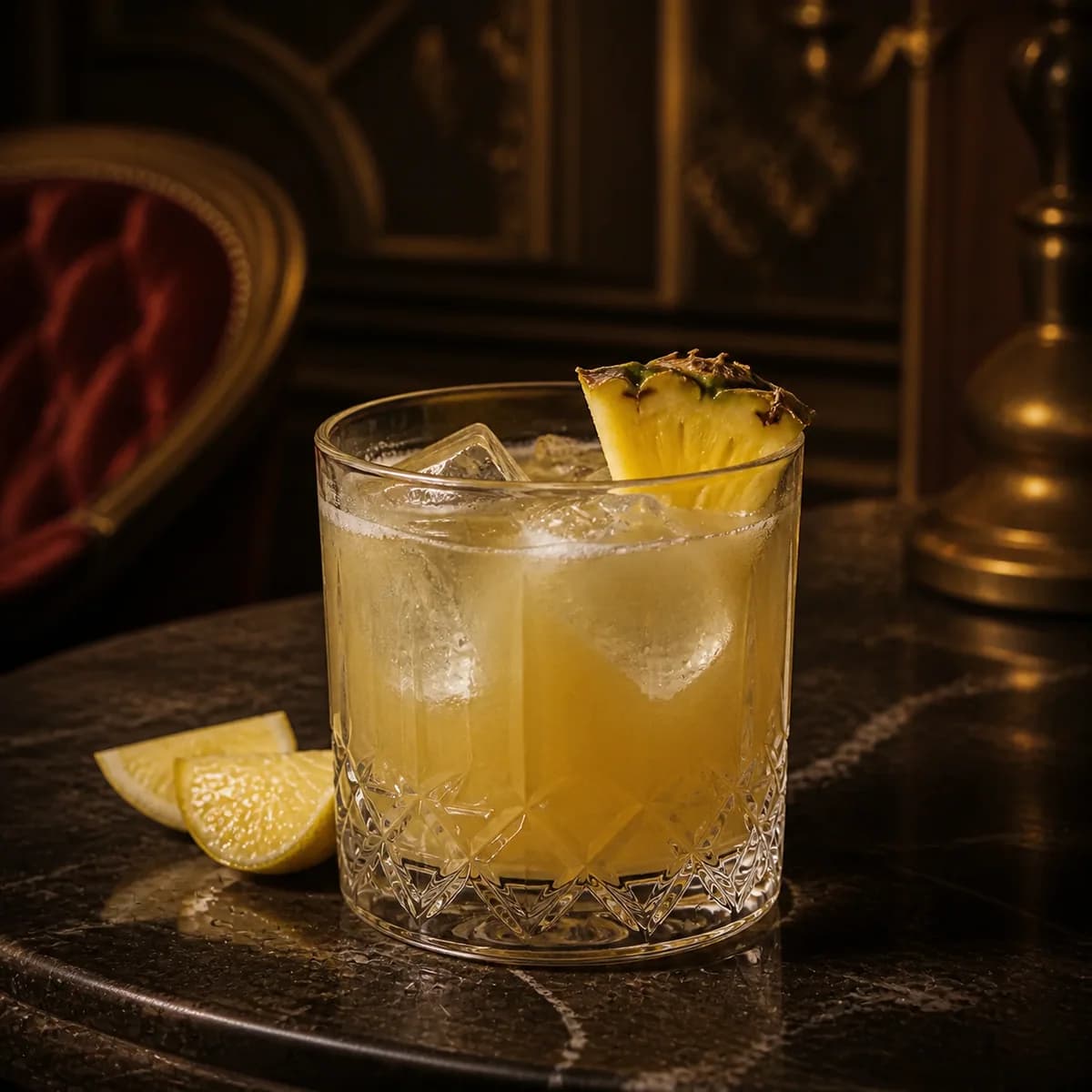 Pisco Punch in a heavy low rocks glass styled in a Belle Époque salon bar with faded burgundy velvet, dark marble and aged brass.