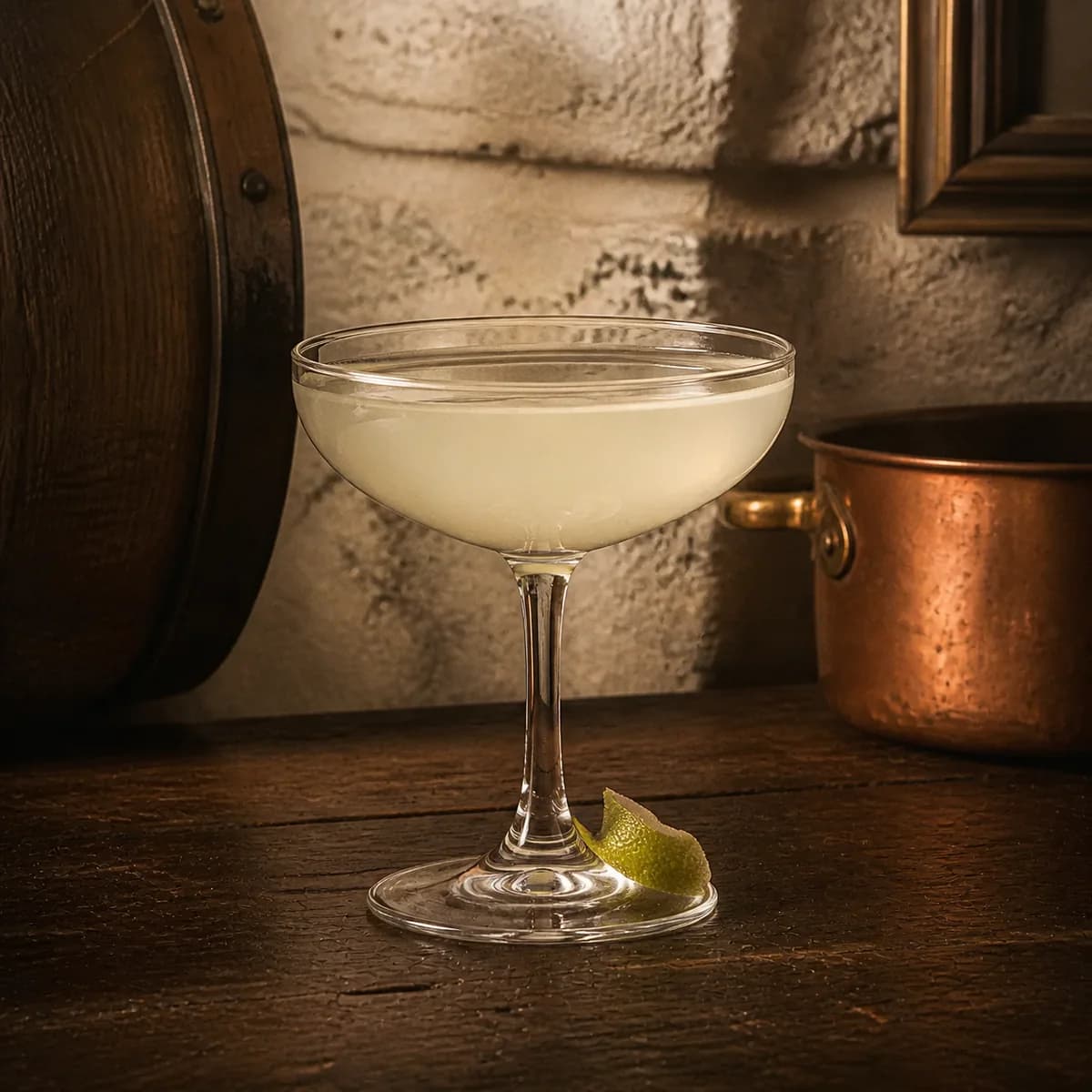 Pisco Sour in a clear shallow coupe styled in an intimate cellar salon with limewashed masonry, old oak and tarnished copper.