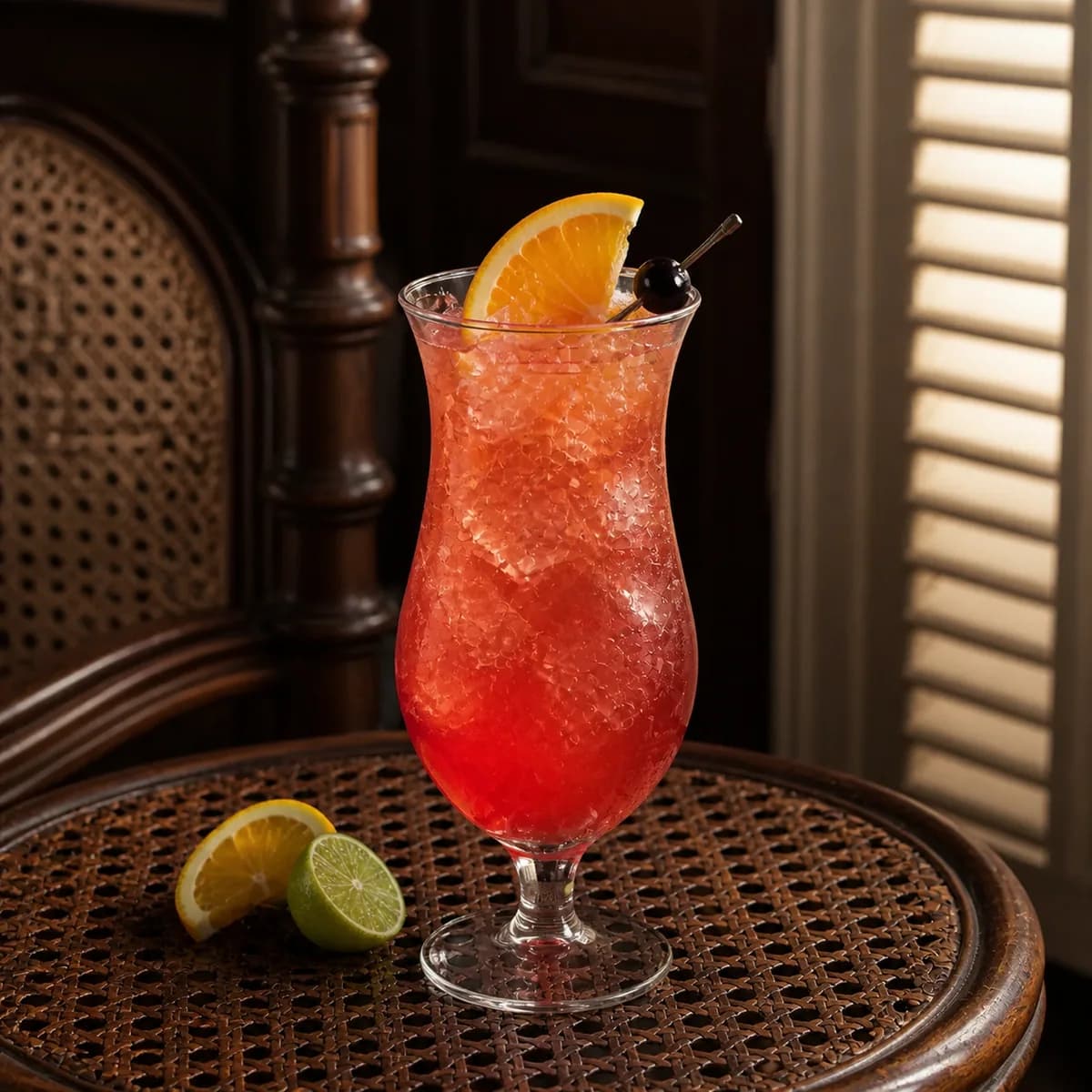 Planter’s Punch in a curved hurricane glass styled in a quiet colonial gallery bar with worn cane furniture, dark mahogany and cream shutters.