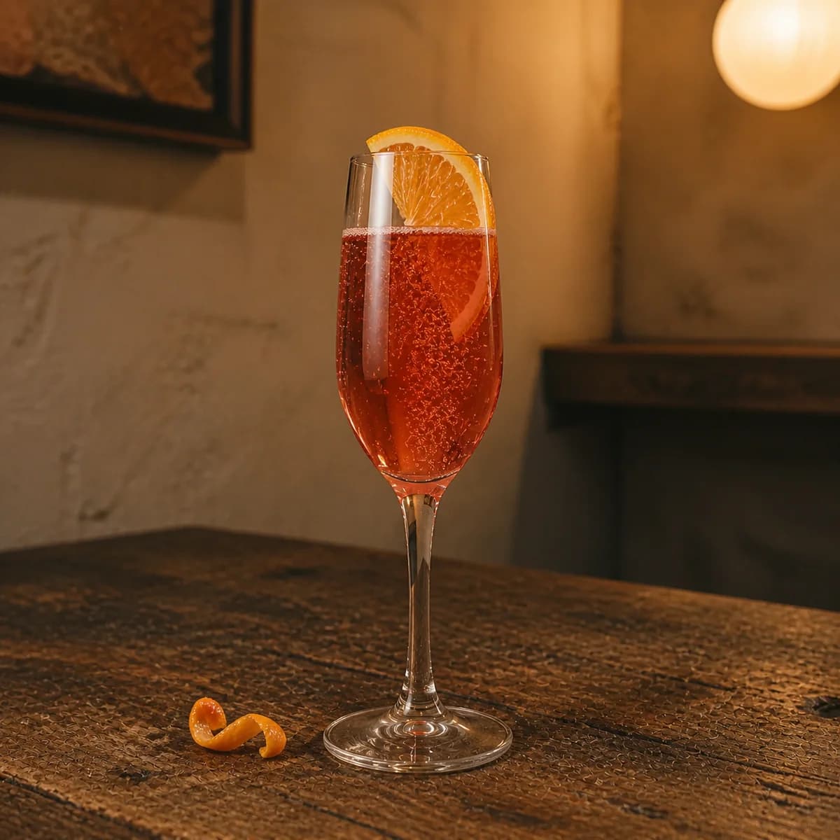 Poinsettia in a slender champagne flute styled in a compact European wine bar with limewashed walls, old oak and a single shaded globe.