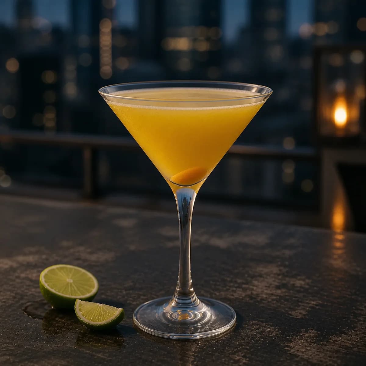 Pornstar Martini in a sharp V-shaped martini glass styled in a city rooftop bar with weathered concrete, dark stone and defocused blue-hour windows.