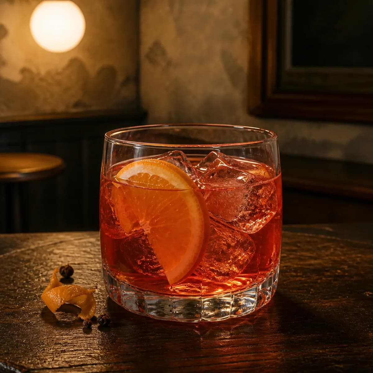 Port Wine Cocktail in a heavy low rocks glass styled in a compact European wine bar with limewashed walls, old oak and a single shaded globe.