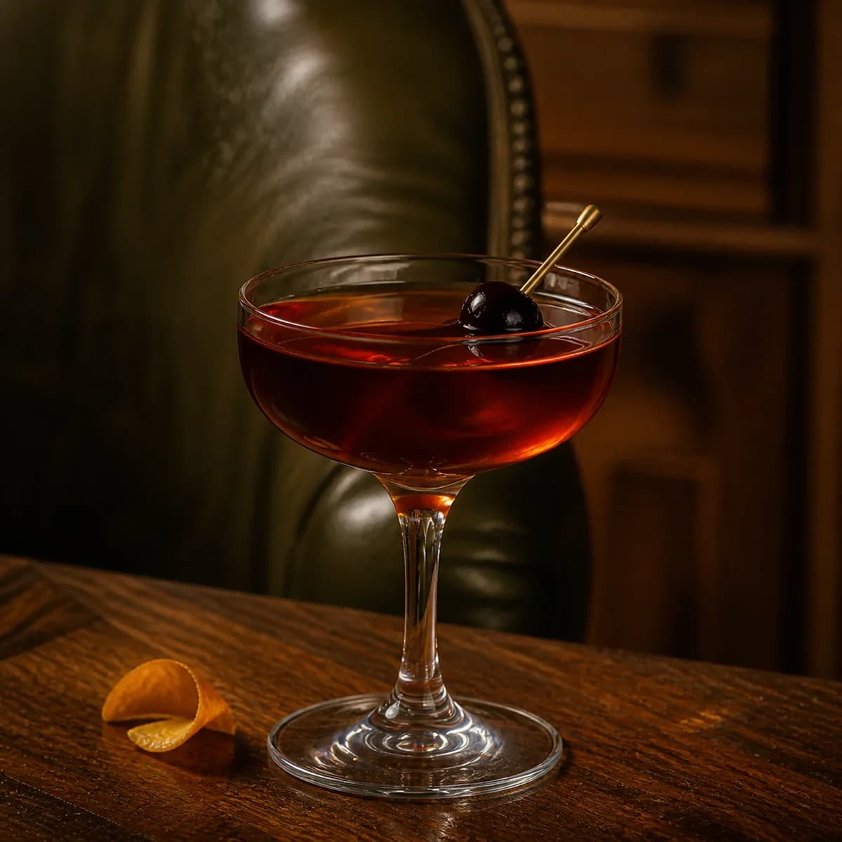 Preakness in a clear shallow coupe styled in a private library bar with deep olive leather, natural creases, off-centre seams and aged walnut.