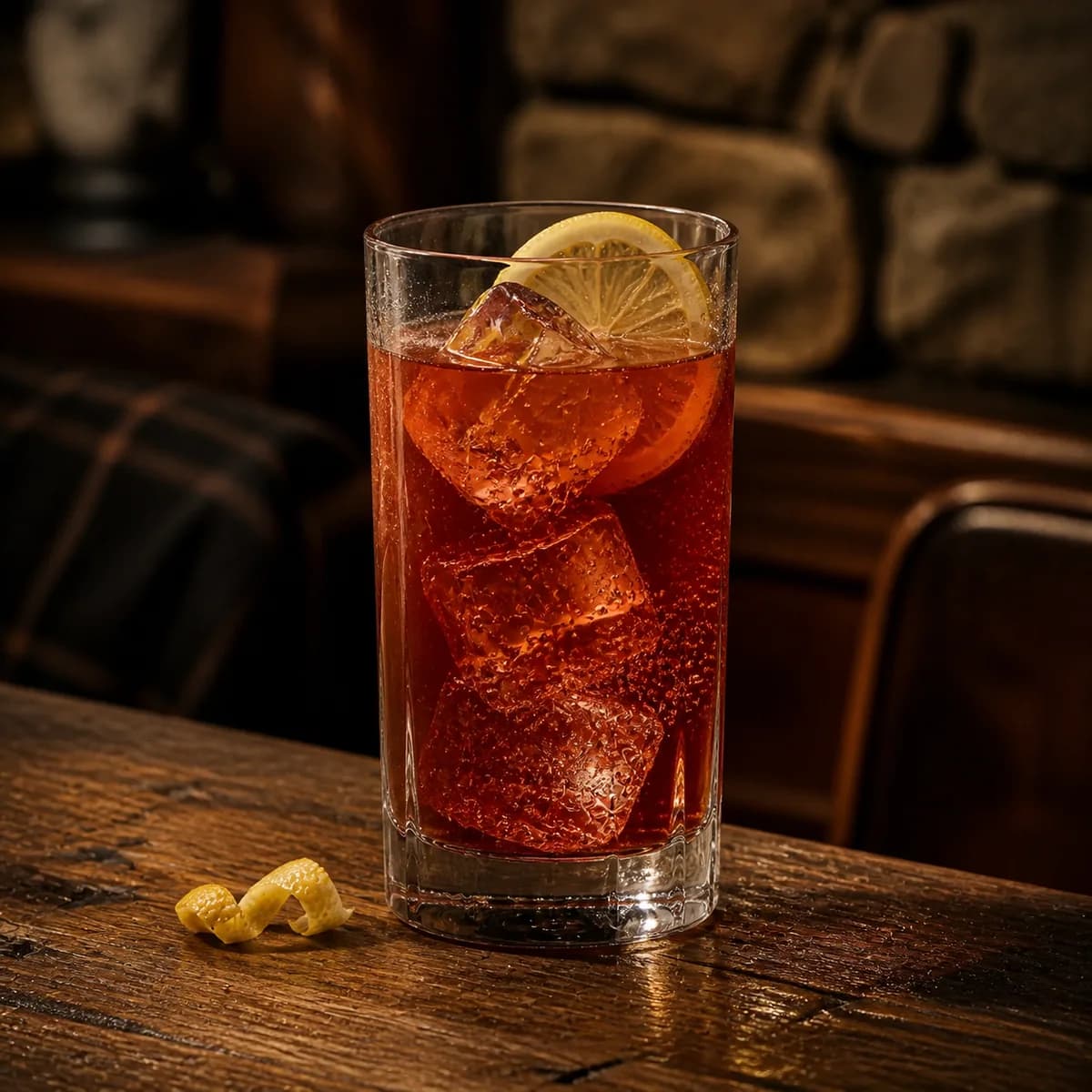 Presbyterian in a tall straight-sided highball glass styled in a mountain lodge bar with timeworn oak, dark wool and rough local stone.