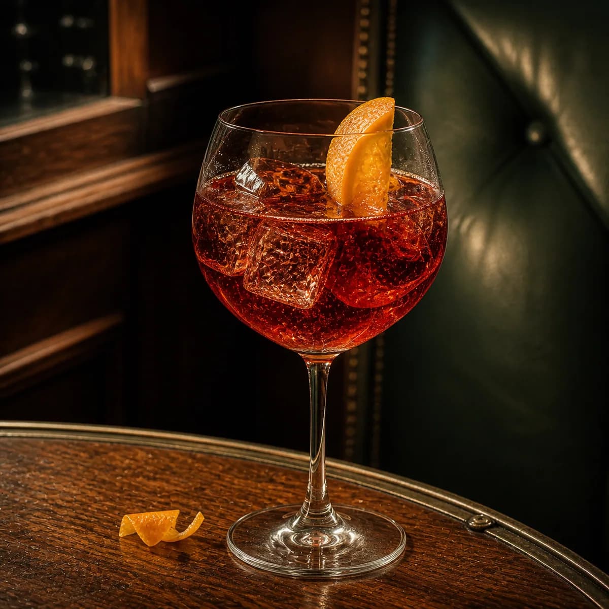 Prince of Wales in a large stemmed balloon wine glass styled in an old railway club bar with bottle-green leather, mahogany and aged nickel.