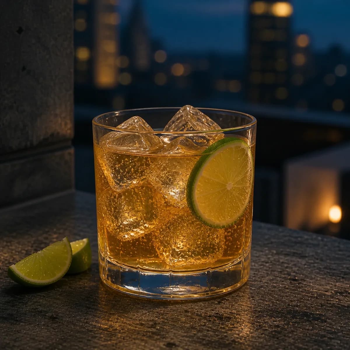 Purple Hooter in a heavy low rocks glass styled in a city rooftop bar with weathered concrete, dark stone and defocused blue-hour windows.