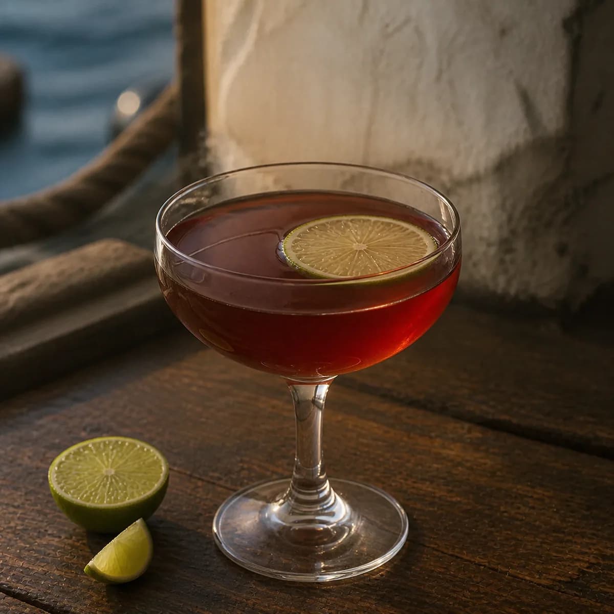 Quarterdeck in a clear shallow coupe styled in a quiet harbor rum bar with salt-worn timber, limewashed walls and one blurred rope detail.