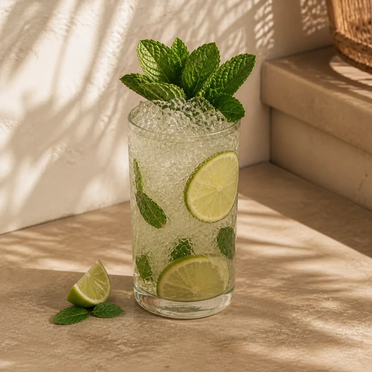 Queen’s Park Swizzle in a tall straight-sided highball glass styled in an airy tropical hotel bar with irregular off-white plaster, rattan shadow and honey limestone.