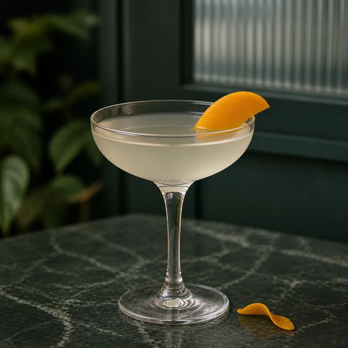 Racquet Club in a clear shallow coupe styled in a restrained botanical bar with dark green painted wood, ribbed glass and a few out-of-focus leaves.