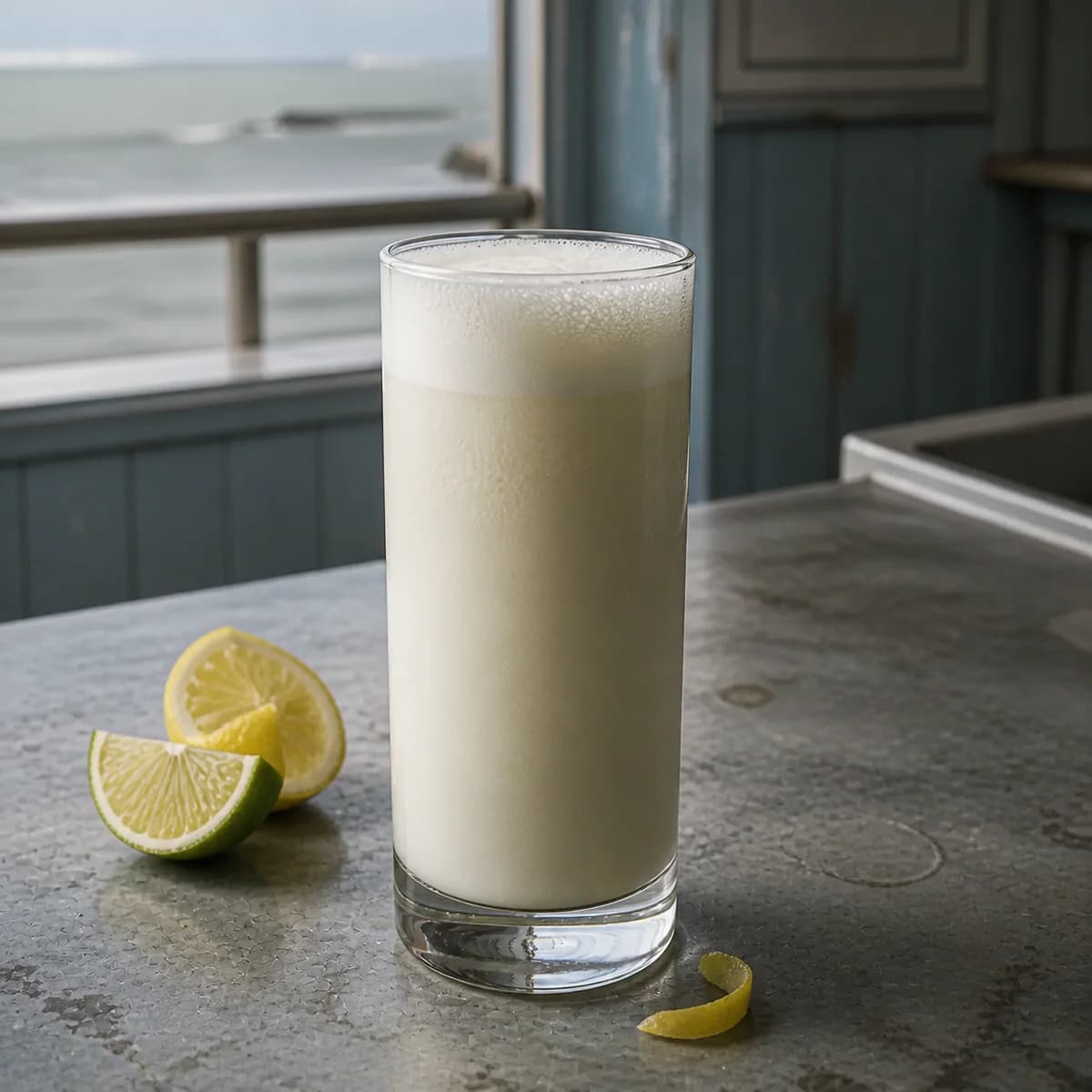 Ramos Gin Fizz in a tall straight-sided highball glass styled in a coastal brasserie bar with weathered blue-gray paneling, zinc counter and hazy sea light.