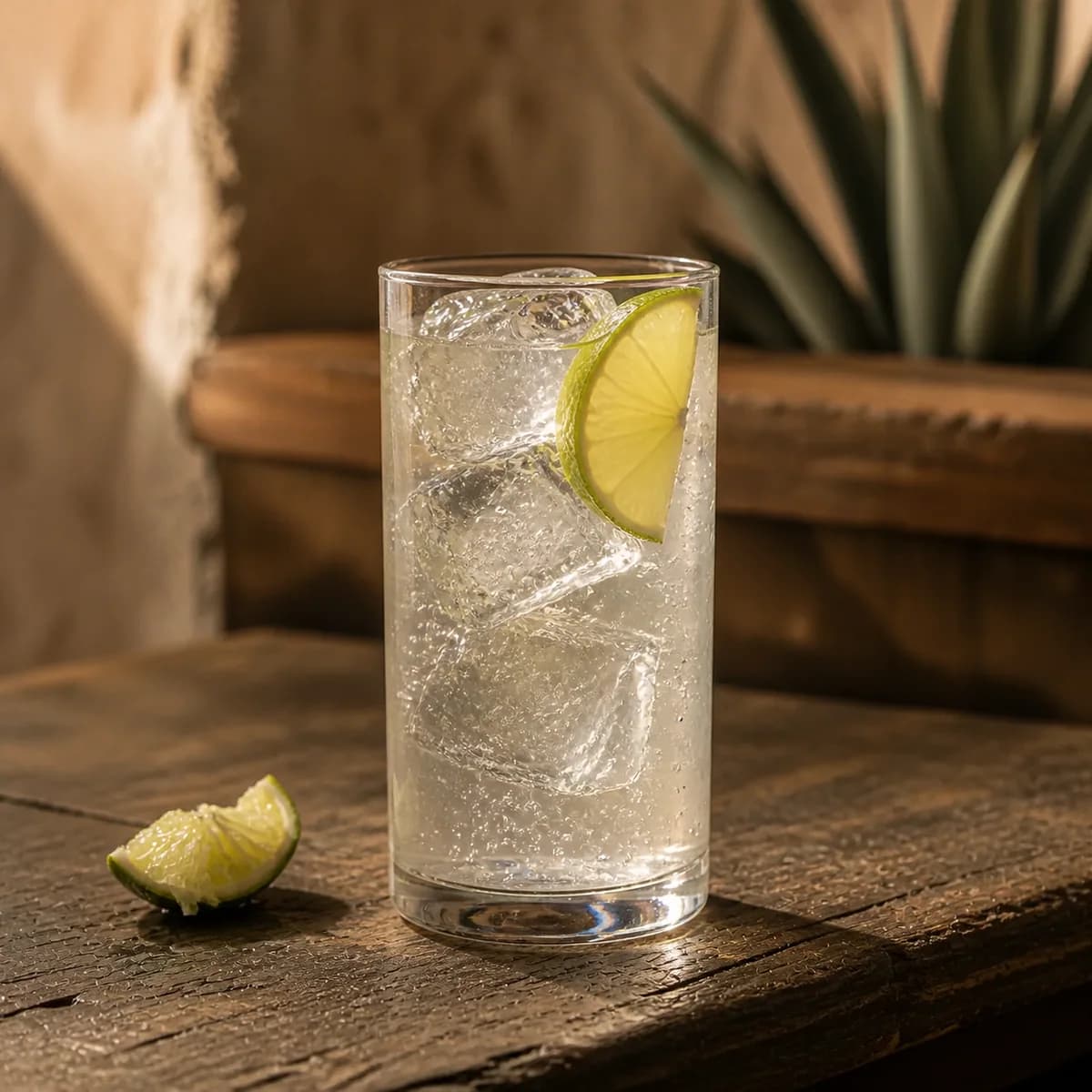 Ranch Water in a tall straight-sided highball glass styled in a desert lodge bar with chalky adobe, worn mesquite and a blurred agave silhouette.