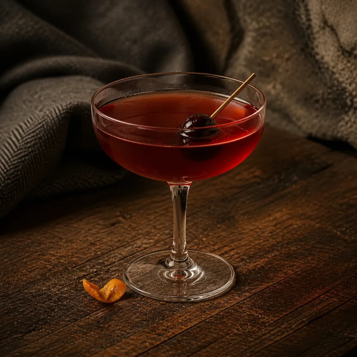 Red Hook in a clear shallow coupe styled in a mountain lodge bar with timeworn oak, dark wool and rough local stone.