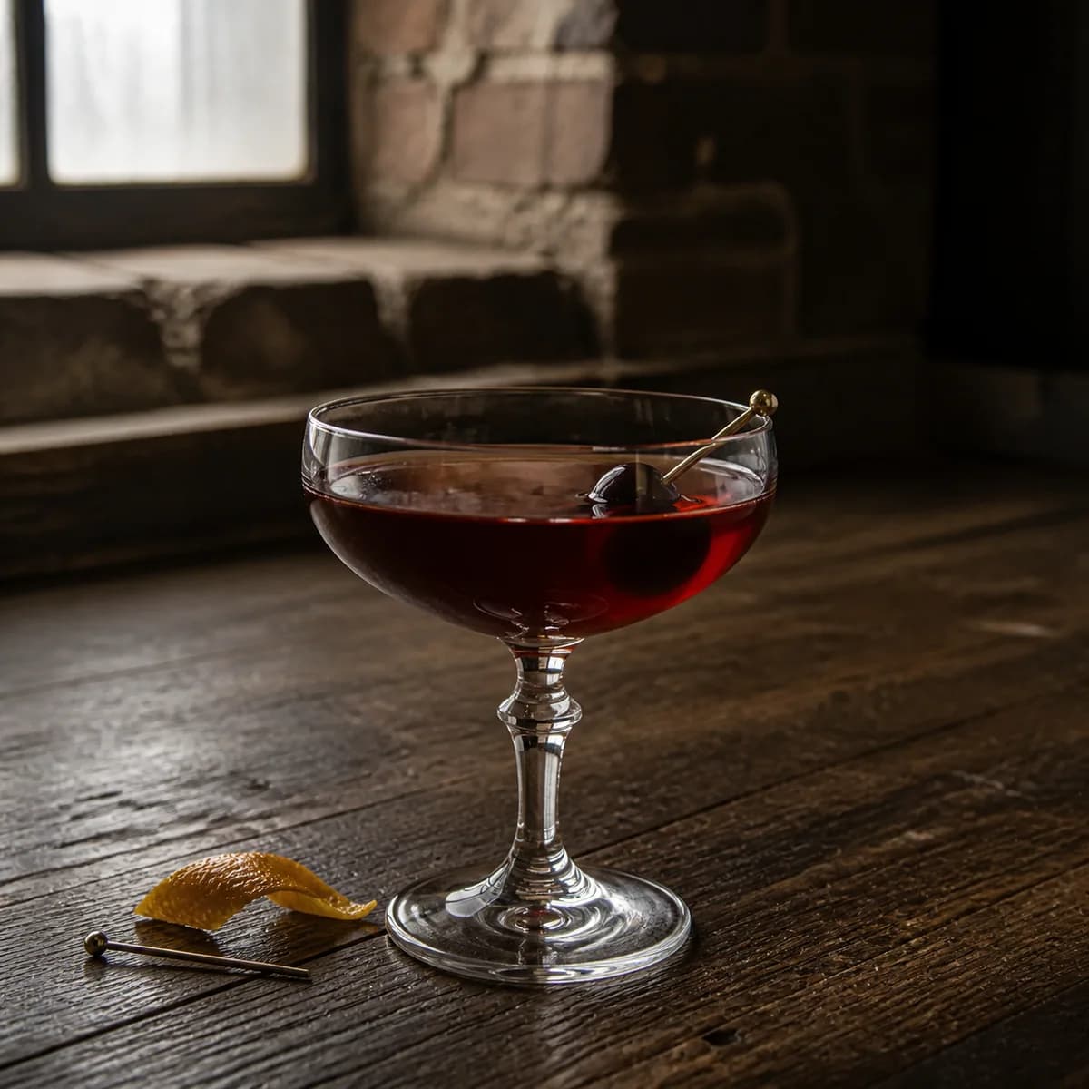 Reverse Manhattan in a clear shallow coupe styled in a refined warehouse tasting bar with rough brick, charred oak and one high factory window.